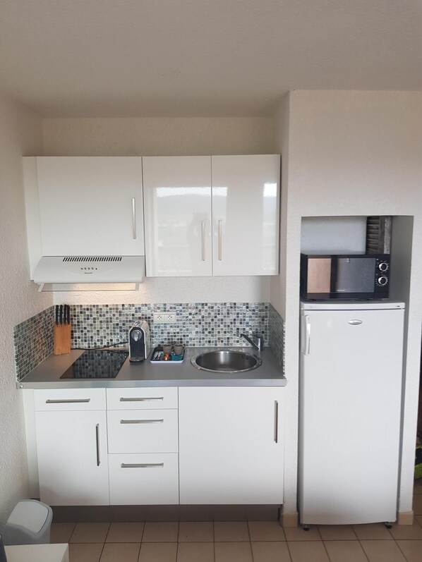 A compact kitchen with white cabinets, a stainless steel sink, a microwave, and a small refrigerator.