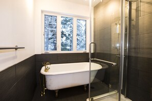 Bathtub, hair dryer, towels, soap