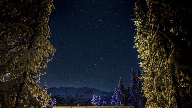 Uma cabana moderna com uma grande janela, rodeada por árvores cobertas de neve e um céu estrelado.