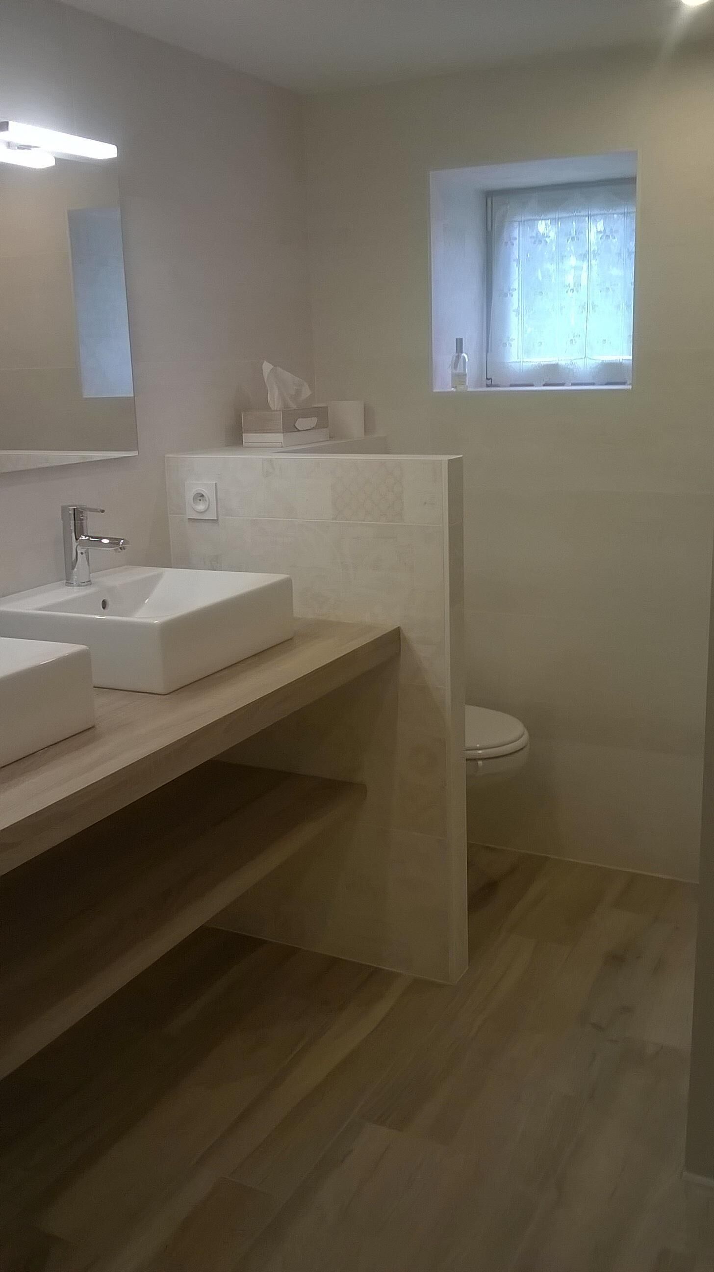 A modern bathroom with a large sink, a toilet, and a window with a view.