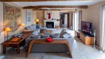 TV connectée, cheminée, lecteur de DVD, table de tennis de table