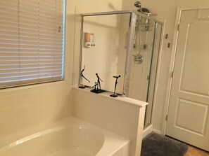Combined shower/bathtub, hair dryer, towels, soap