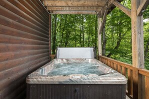 Outdoor spa tub - 4 BRLog Cabin with Grandfather Mountain Views, Hot Tub, Game Room & Spacious Decks (Seven Devils)