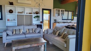 A modern living room with two sofas, a coffee table, and a built-in kitchen area visible through an open door.