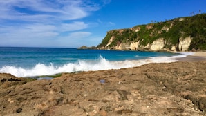 Une plage rocheuse où les vagues s’écrasent sur le rivage, un ciel bleu dégagé et une falaise couverte de végétation.