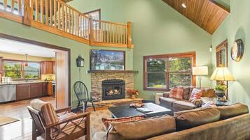 Smart TV, fireplace, books