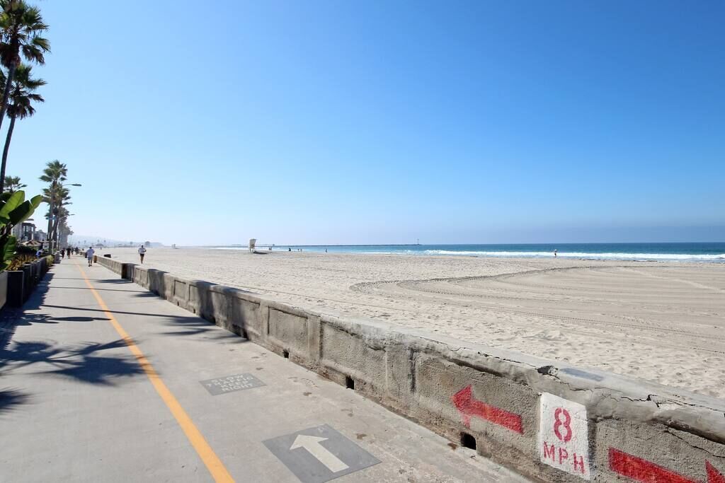 Une promenade en bord de mer, avec une signalisation indiquant une vitesse maximale de 8 miles par heure, des palmiers et une vue dégagée sur l’océan.