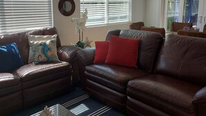 A living room with a brown leather sofa, a coffee table with decorative items, and a window with blinds. - Private Home great single story home. Plenty of space for the family. (San Diego)
