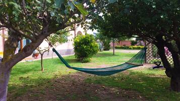 A hammock under a tree in a grassy area with a building in the background.