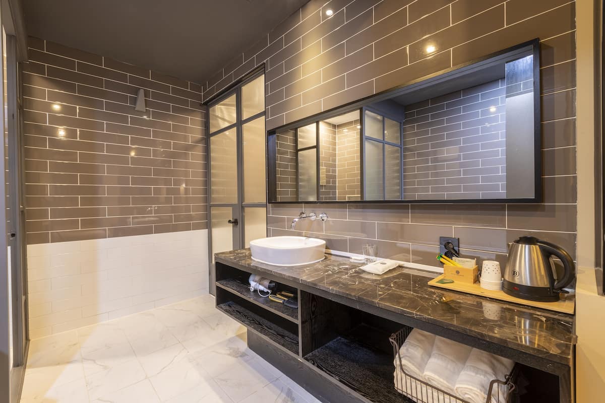 premium twin room | bathroom | shower, rainfall showerhead, designer toiletries, hair dryer