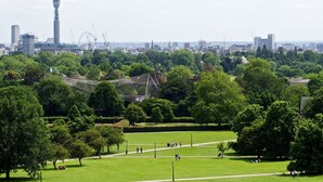 A park with green grass, trees, and a city skyline in the background. - The studio - the heart of Primrose Hill (London)