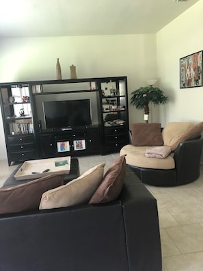 Smart TV, fireplace, DVD player, books