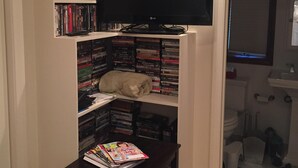 Une pièce avec un téléviseur posé sur un meuble, une bibliothèque remplie de DVD, une petite table avec des magazines et un chat qui dort sur l’étagère.