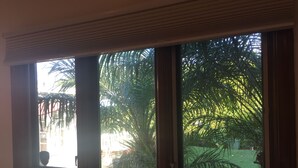 Une fenêtre donnant sur un jardin planté de palmiers.