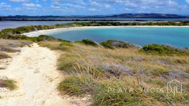 A coastal landscape with a sandy path leading to a beach, surrounded by greenery and a clear blue sky. - Hunter's Cabin PR (Cabo Rojo)