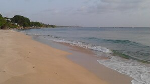 Une plage avec un rivage sablonneux et des vagues douces.