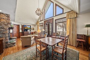 Smart TV, fireplace, DVD player, foosball