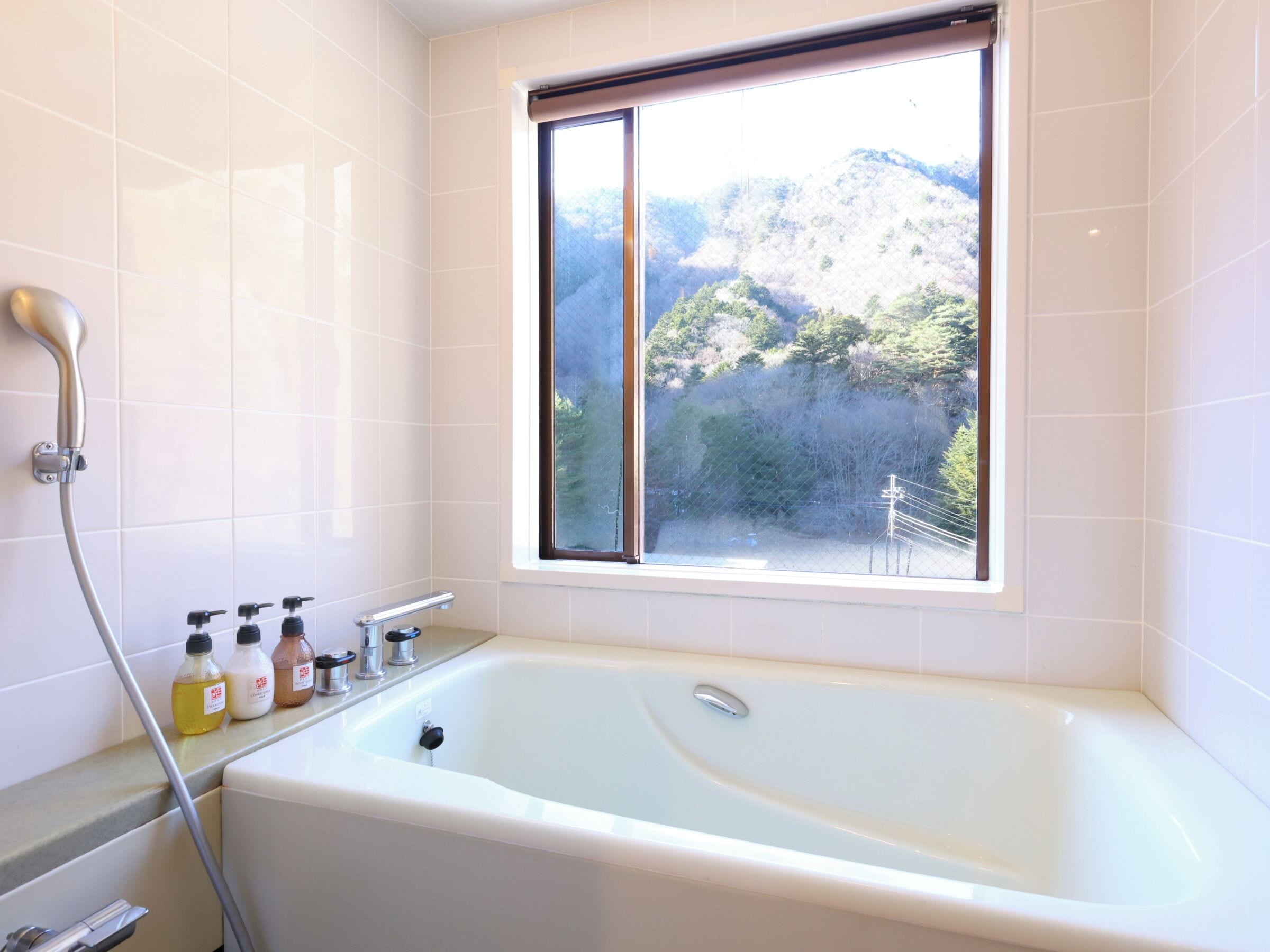 A bathroom with a bathtub, a shower, and a window with a view of a forested mountain.