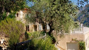 A rustic stone building with multiple windows and a door, surrounded by lush greenery and a stone wall. - Le Mont D'olivine (Utelle)