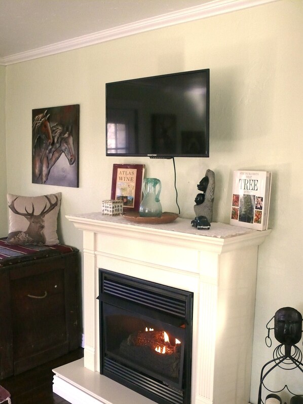 A living room with a fireplace, a television mounted above it, and a bookshelf with books and decorative items.