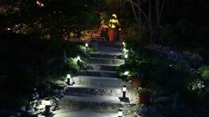 A stone staircase with multiple steps, flanked by potted plants and illuminated by small lights. - Selah Retreat Guesthouse B&B -  "Defining Tranquility, Beauty and Excellence!" (Sorrento)