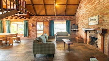 Smart TV, chimenea, libros