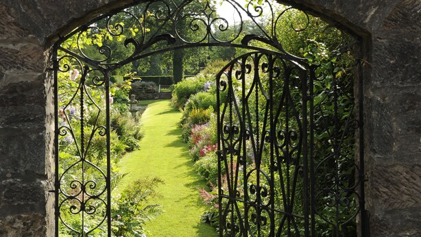 Un sendero de jardín que atraviesa una elaborada puerta de hierro forjado, rodeado de abundante follaje y plantas en flor.