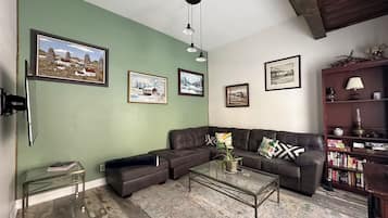 TV, fireplace, books, stereo