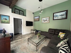 TV, fireplace, books, stereo