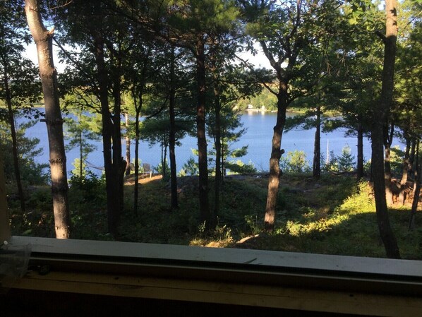 Vista de un lago rodeado de árboles, con una silla y una hamaca a la vista en primer plano.