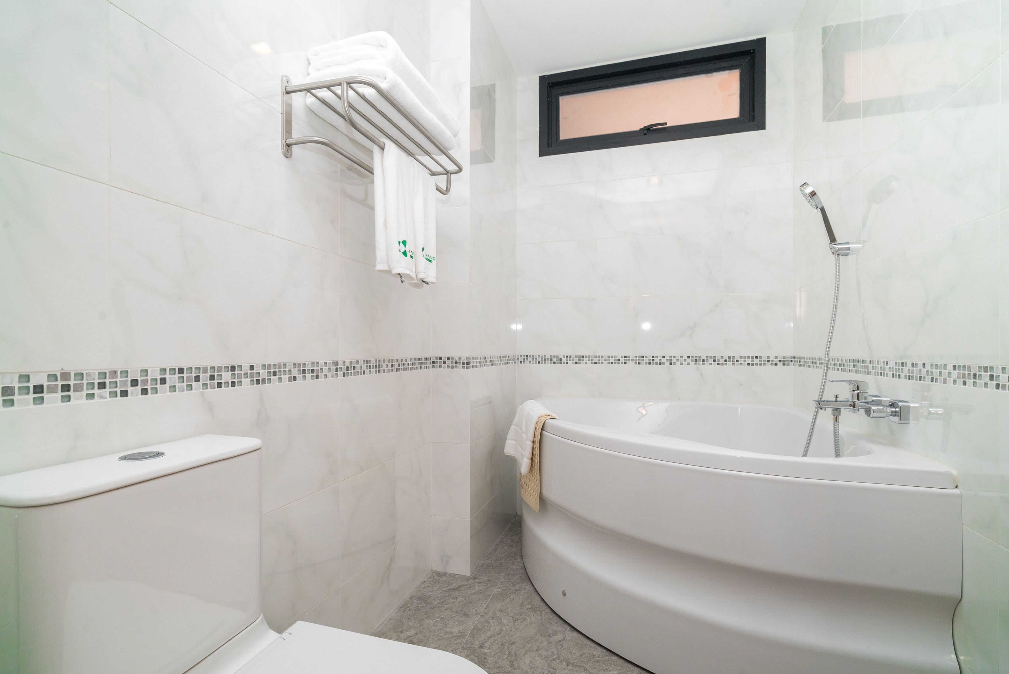 A modern bathroom with a freestanding bathtub, a toilet, and a shower area.