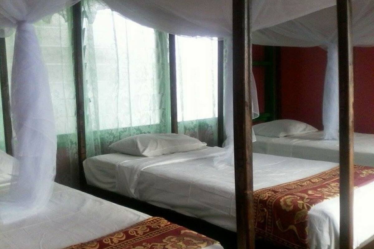 Una habitación con dos camas, cada una con ropa de cama blanca y doseles.