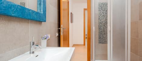 Shower, hair dryer, bidet, towels