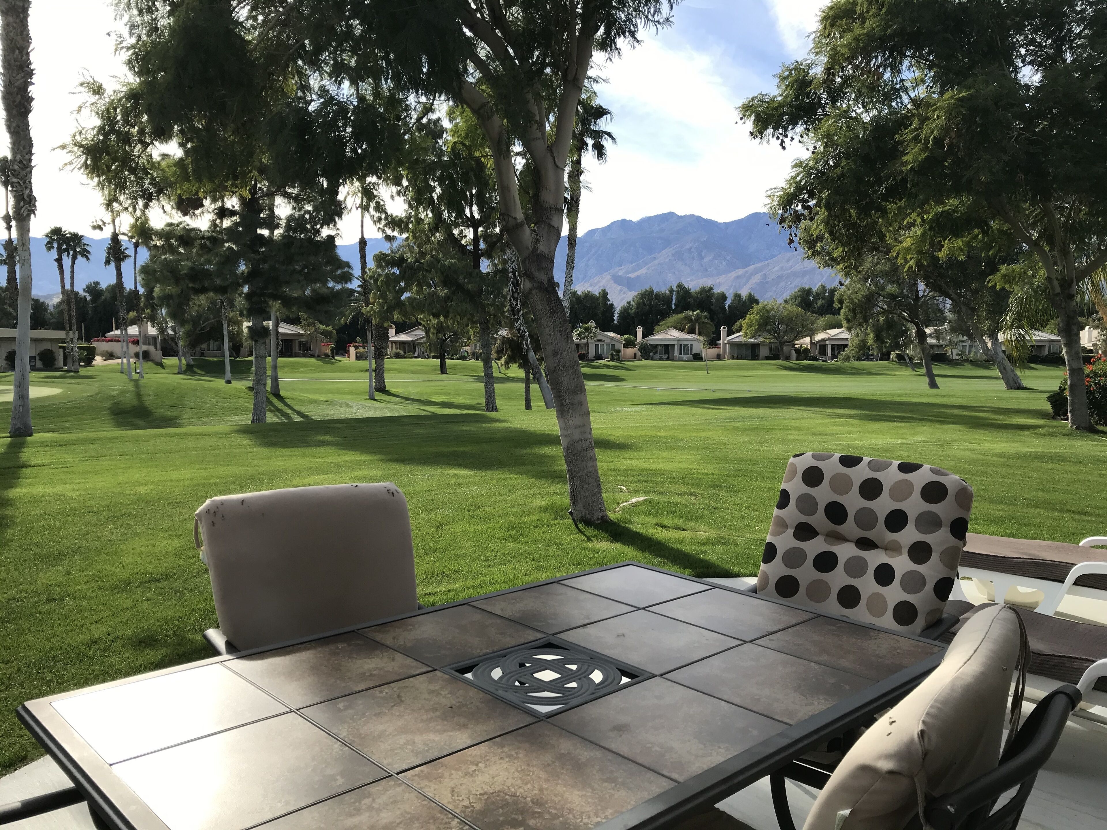 Un patio exterior con mesa y sillas, rodeado de un césped cuidado y árboles, con casas y montañas al fondo.