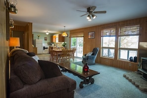 Flat-screen TV, fireplace, DVD player, stereo