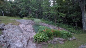 Eine natürliche Landschaft mit einer großen Felsformation, einer grasbewachsenen Fläche und vielfältigen Pflanzen.