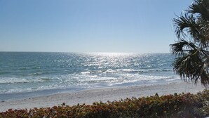 Une plage avec un ciel dégagé et une mer calme.