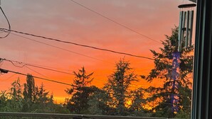 A room with a view of a sunset through a window, featuring a balcony with plants and a railing. - Upper Level with a view close to Boeing (everett)