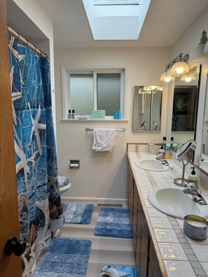 Hair dryer, towels, soap, shampoo