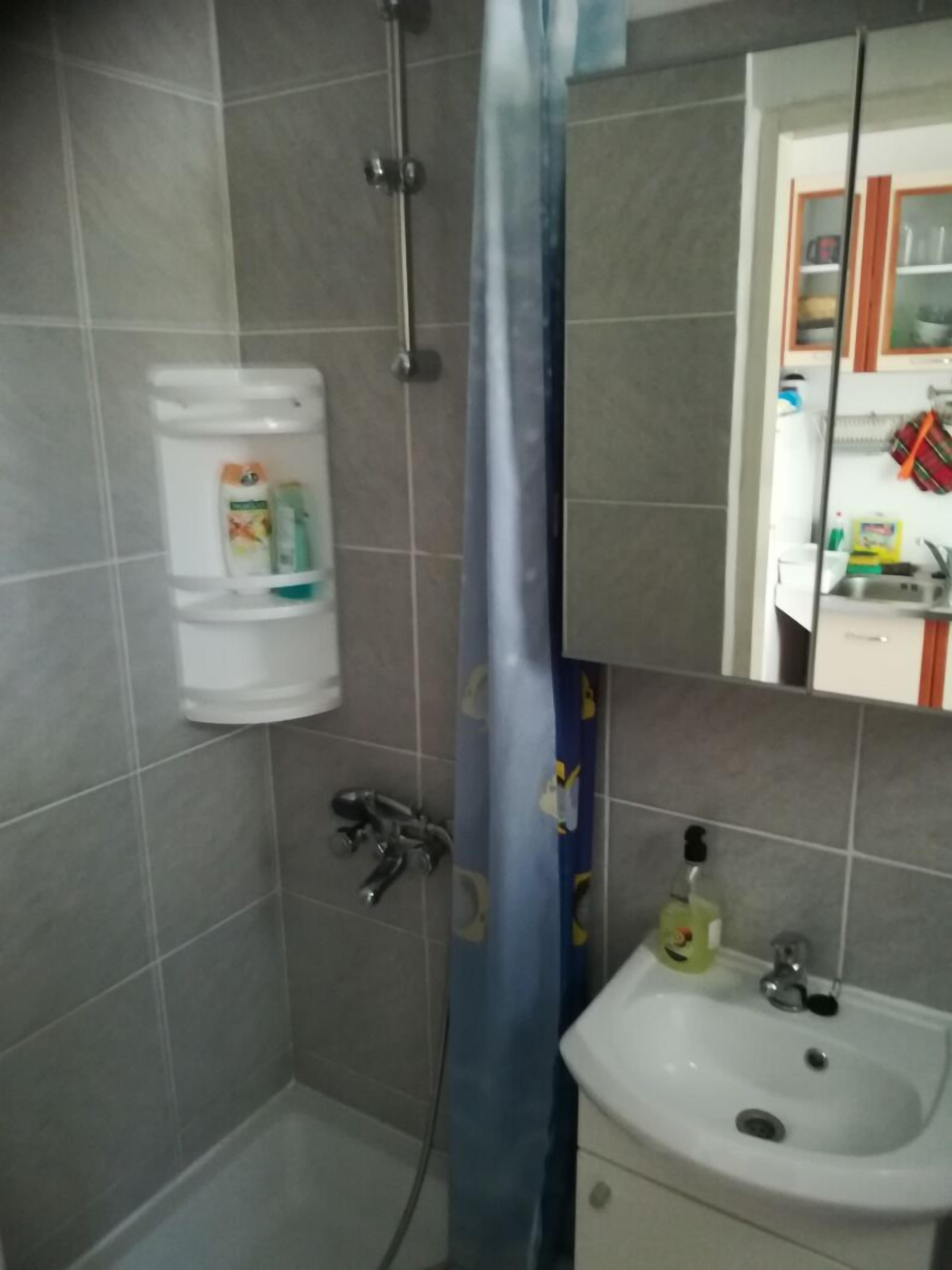A bathroom with a shower, a sink, and a toilet.