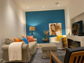 Smart TV, fireplace, Netflix, books