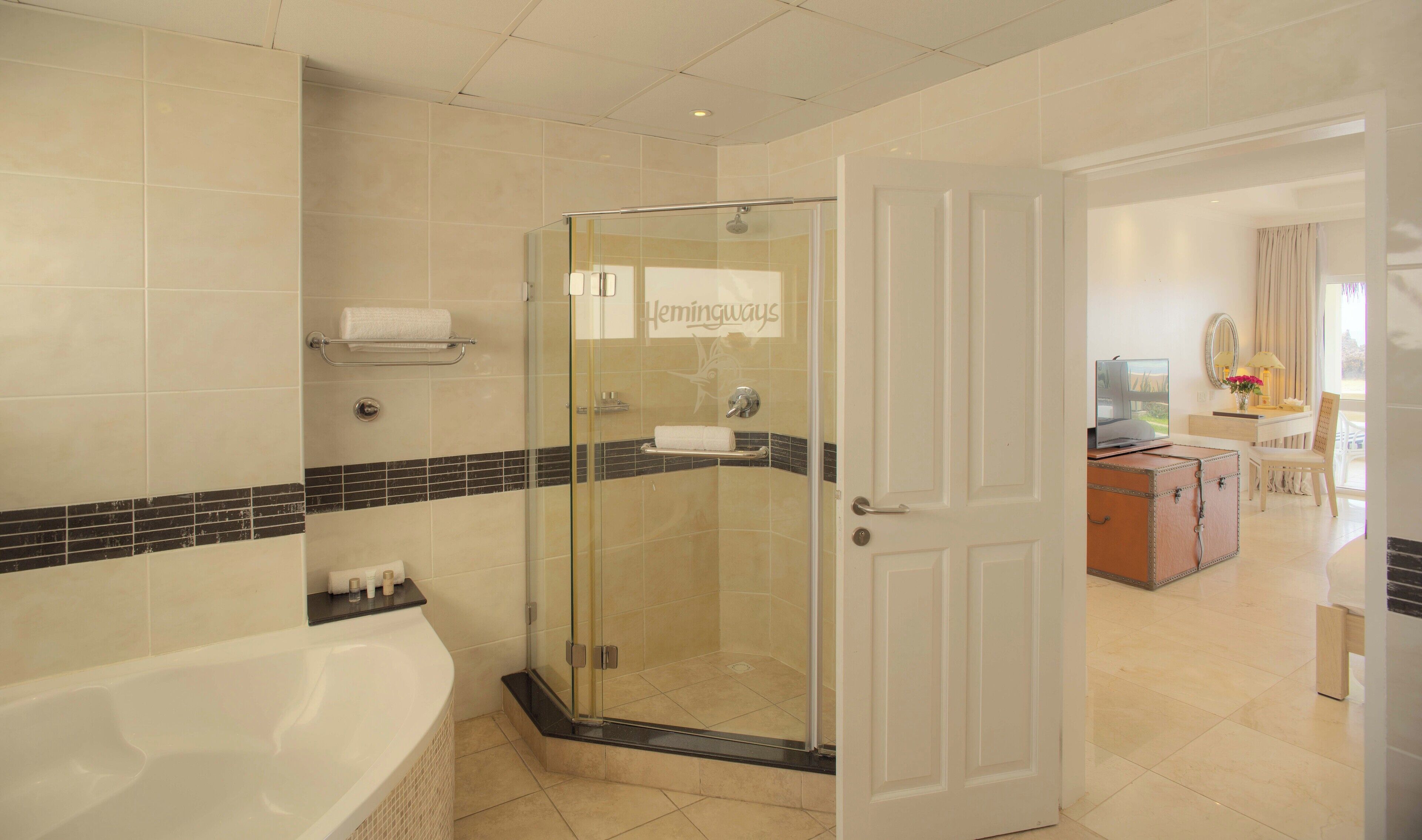 shower, free toiletries, hair dryer, bathrobes