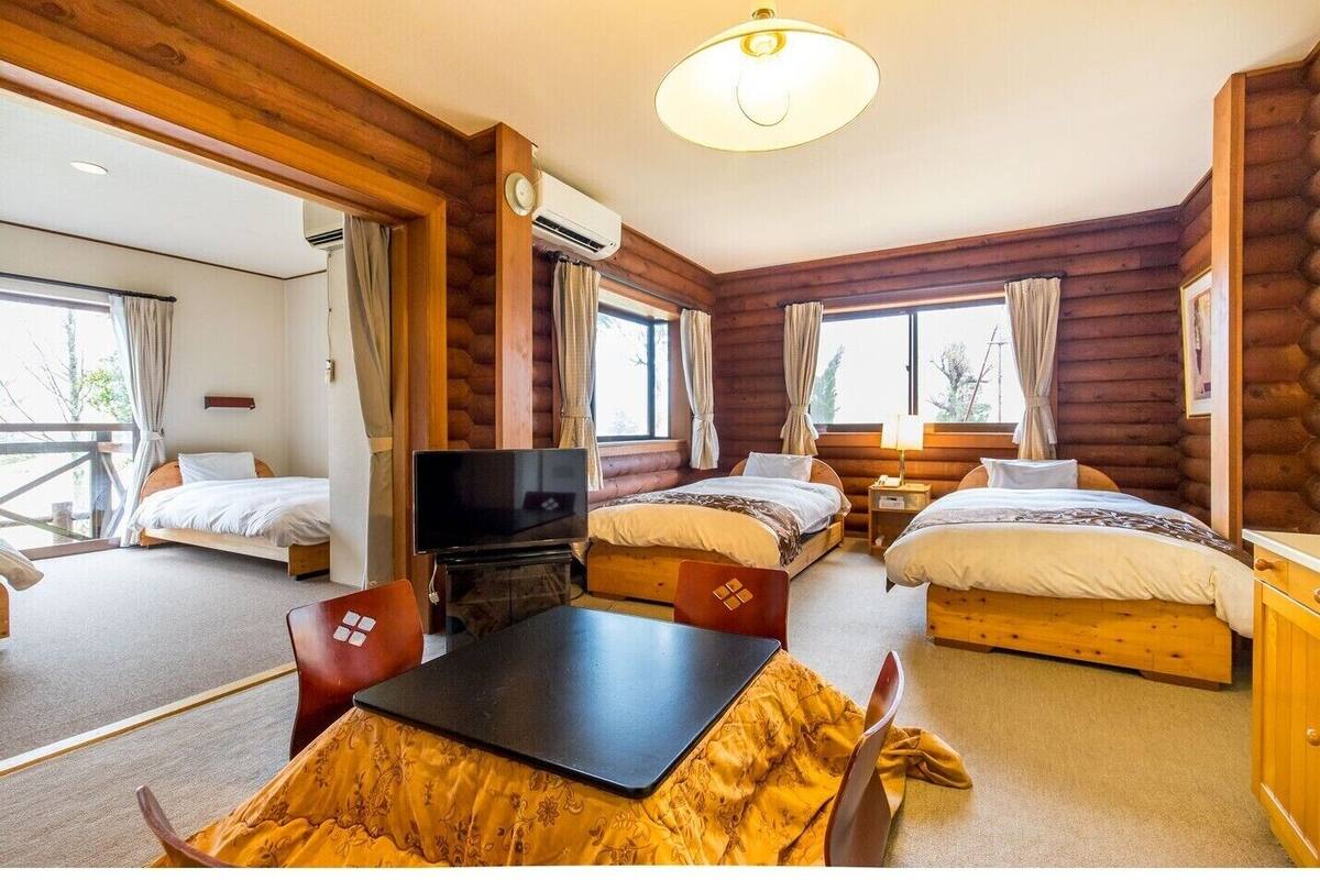 A log cabin-style room with two beds, a TV, a table, and a chair.