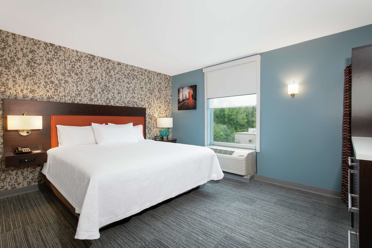 A hotel room with a large bed, a nightstand with a lamp, a wall-mounted TV, and a window with a view of greenery.