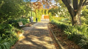 Un sendero bordeado de vegetación, con un banco y un edificio al fondo.