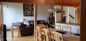 Un salon chaleureux avec un canapé, une table à manger et des chaises, un luminaire suspendu et une cheminée.