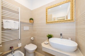 Shower, hair dryer, bidet, towels