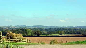 Paisaje rural con campos, una cerca de madera y edificios a lo lejos.