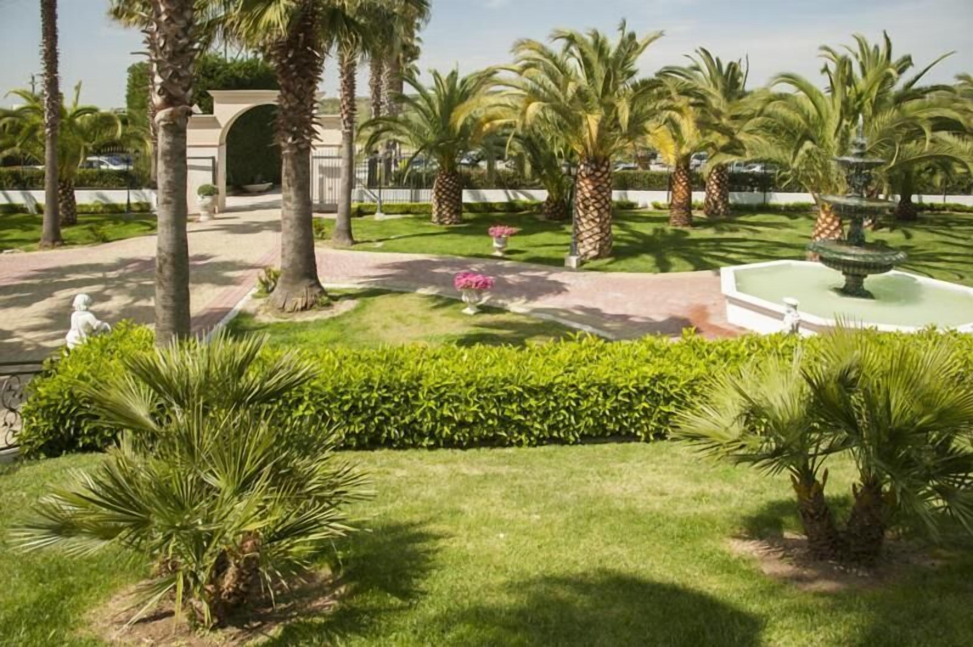 A well-maintained garden with palm trees, a fountain, and a statue.