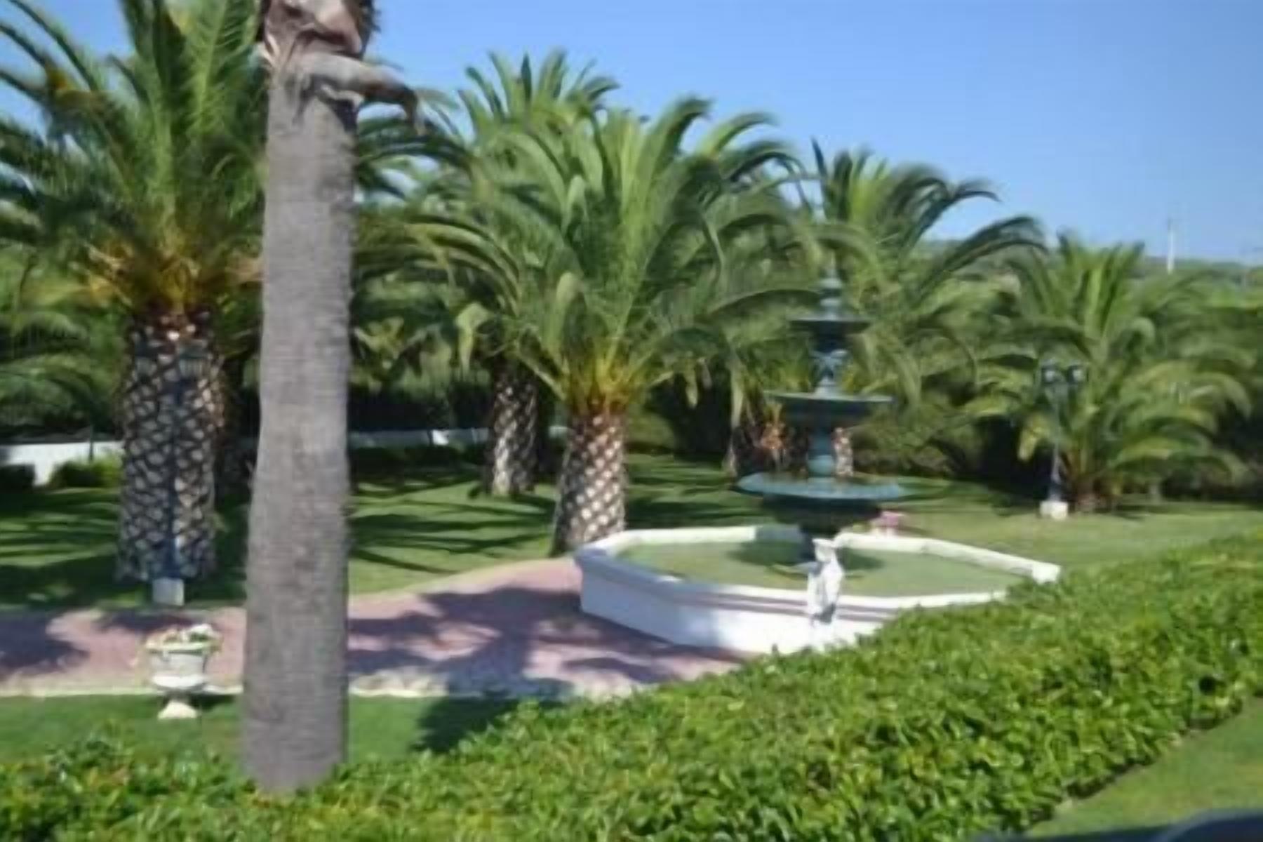A well-maintained garden with a central fountain, surrounded by palm trees and neatly trimmed hedges.